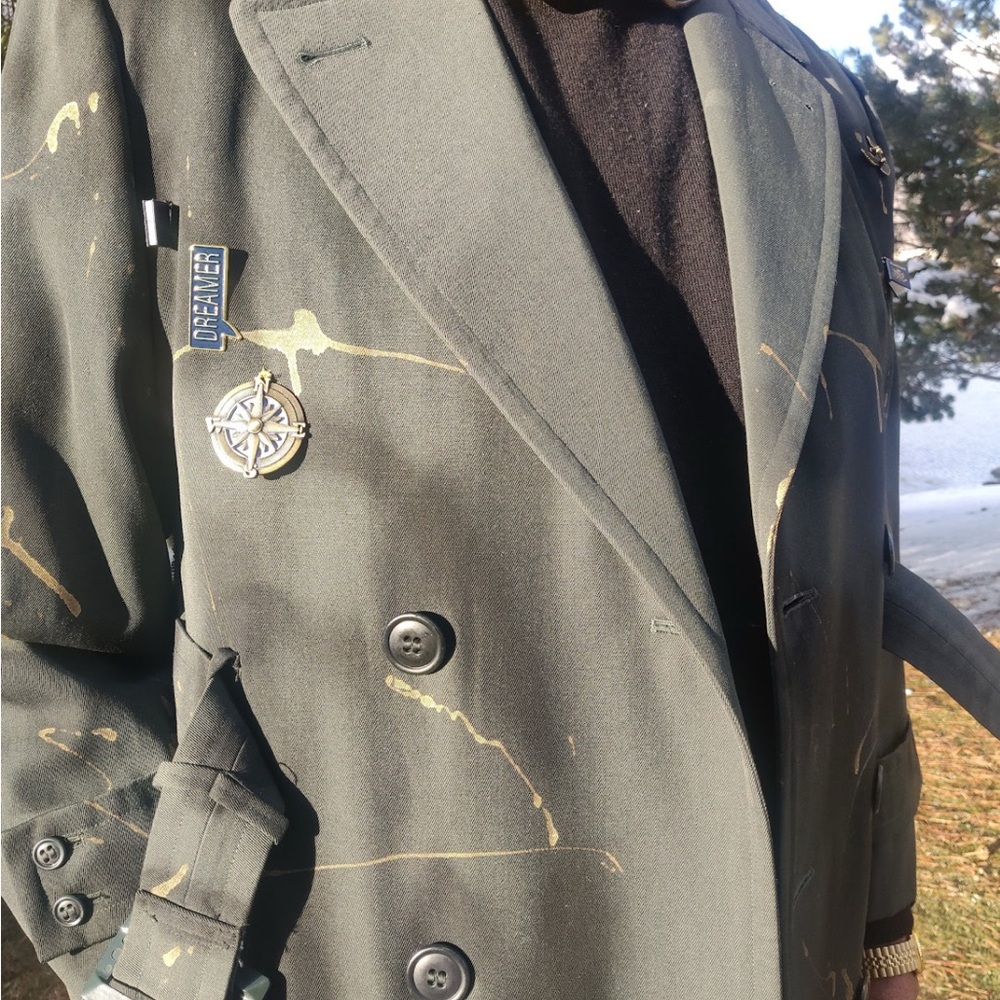 Double-Breasted Olive Green Men's Coat with Paint-Splatter Detail